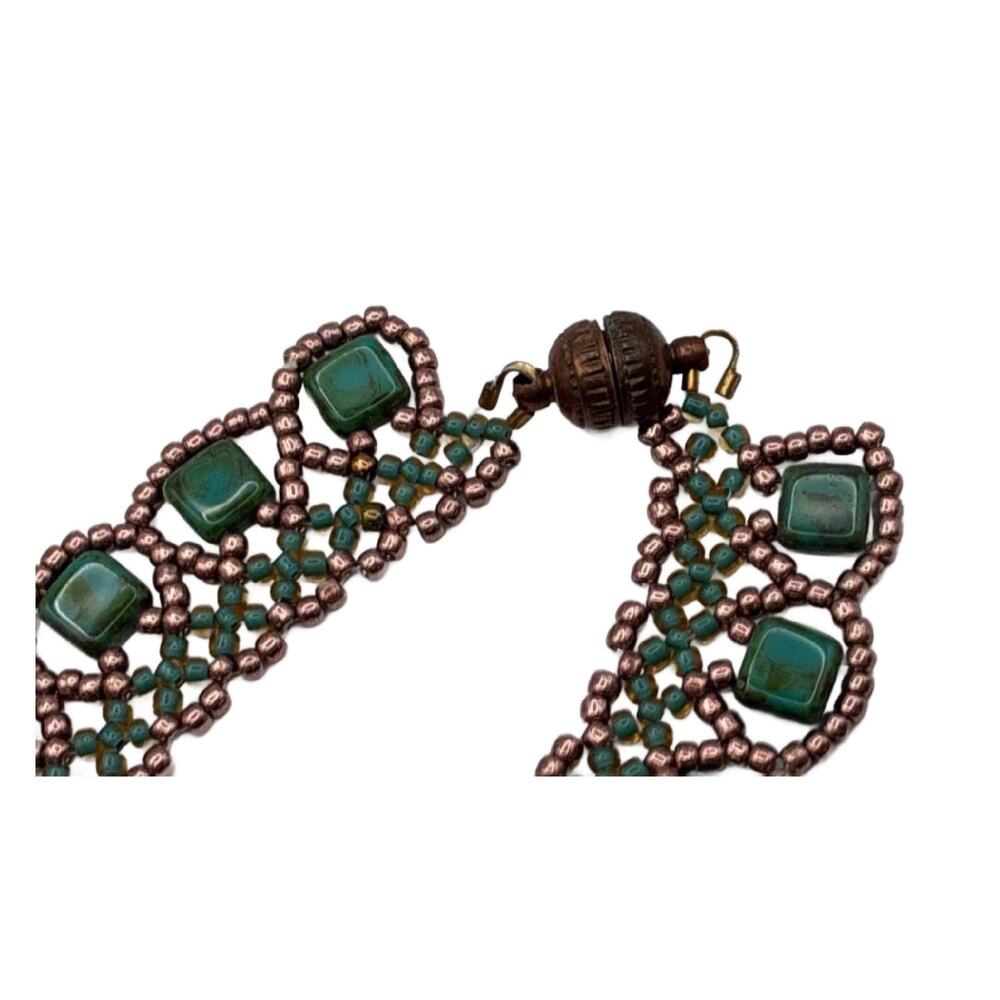 Vintage Green Glass Bead Collar Necklace, Egyptian Revival - Picture 5 of 11